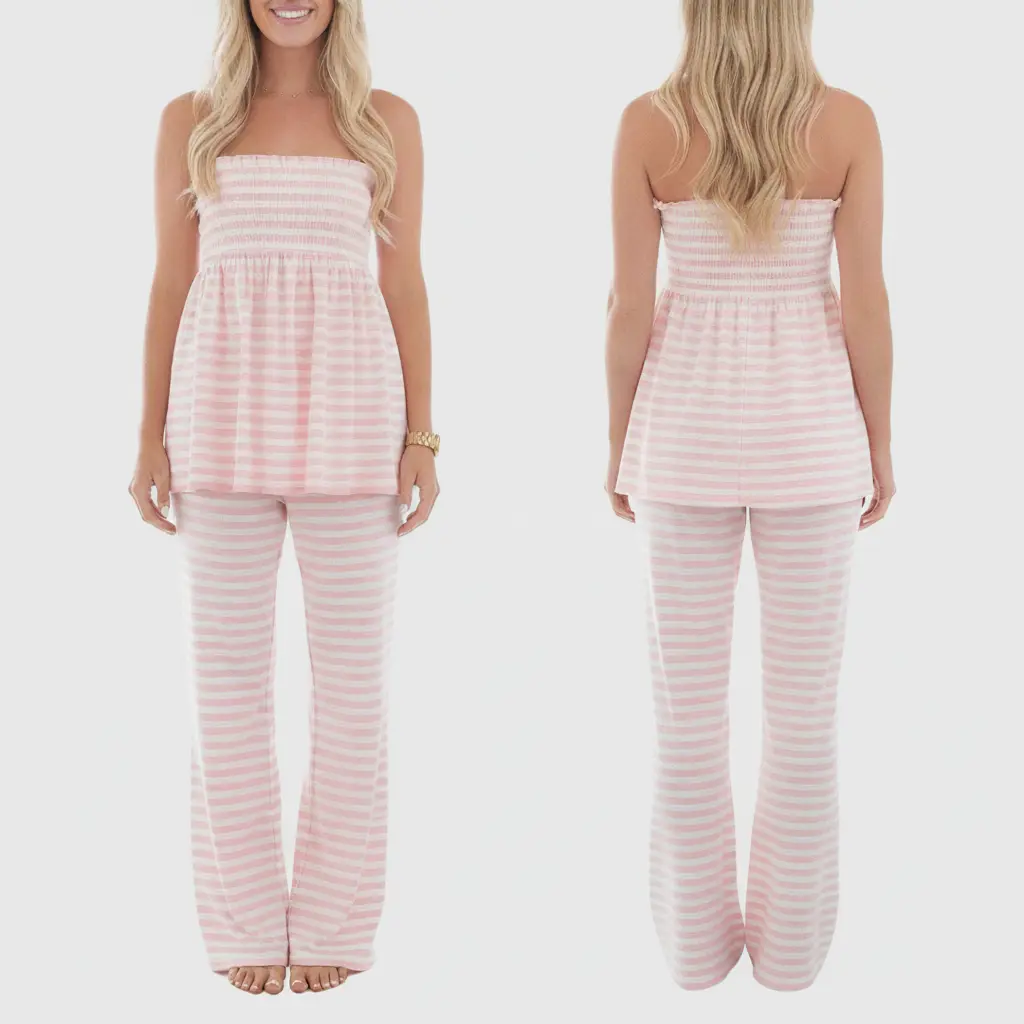 Women Horizontal Stripe 2 Piece Loungewear Pajama Set, Smocked Ruffle Strapless Tube Top Flowy Babydoll Cami Blouse, High Waist Wide Leg Flare Palazzo Pants with Side Pockets