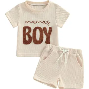 Baby Boy Summer Outfit Set Letter Embroidery Short Sleeve Shirt Solid Shorts Waffle Knit Clothes 6 12 18 24 Months