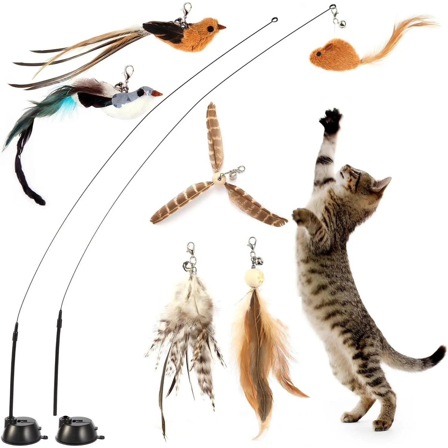 Interactive Bird    Set,  Wand Toys, Self-Holding Suction Cups Base, Includes 6 Detachable   Toys