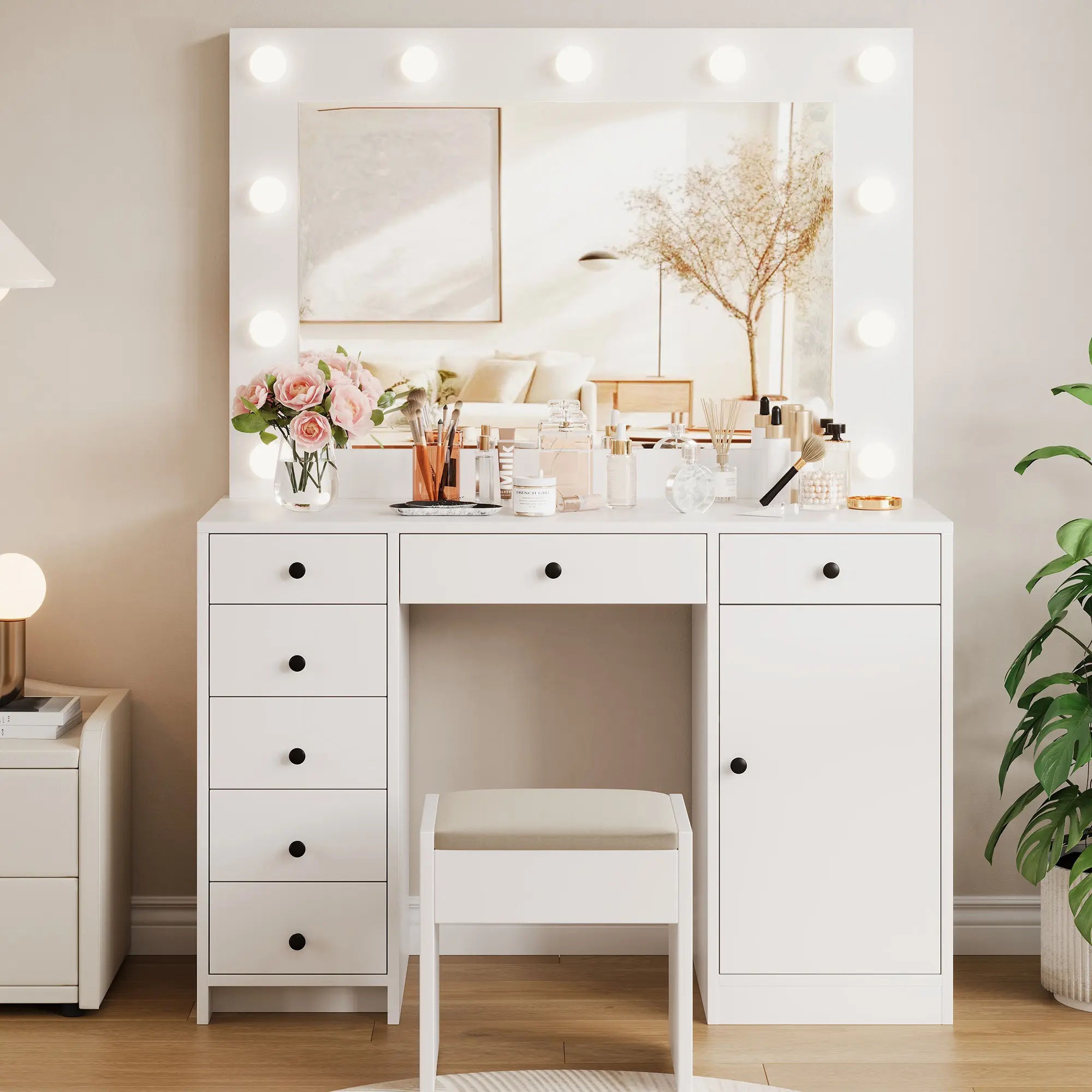 Makeup Vanity Desk with Lights, 47" Modern Vanity Table with Charging Station & Adjustable Light, White Makeup Dressing Table with 7 Storage Drawers and Cabinet for Bedroom