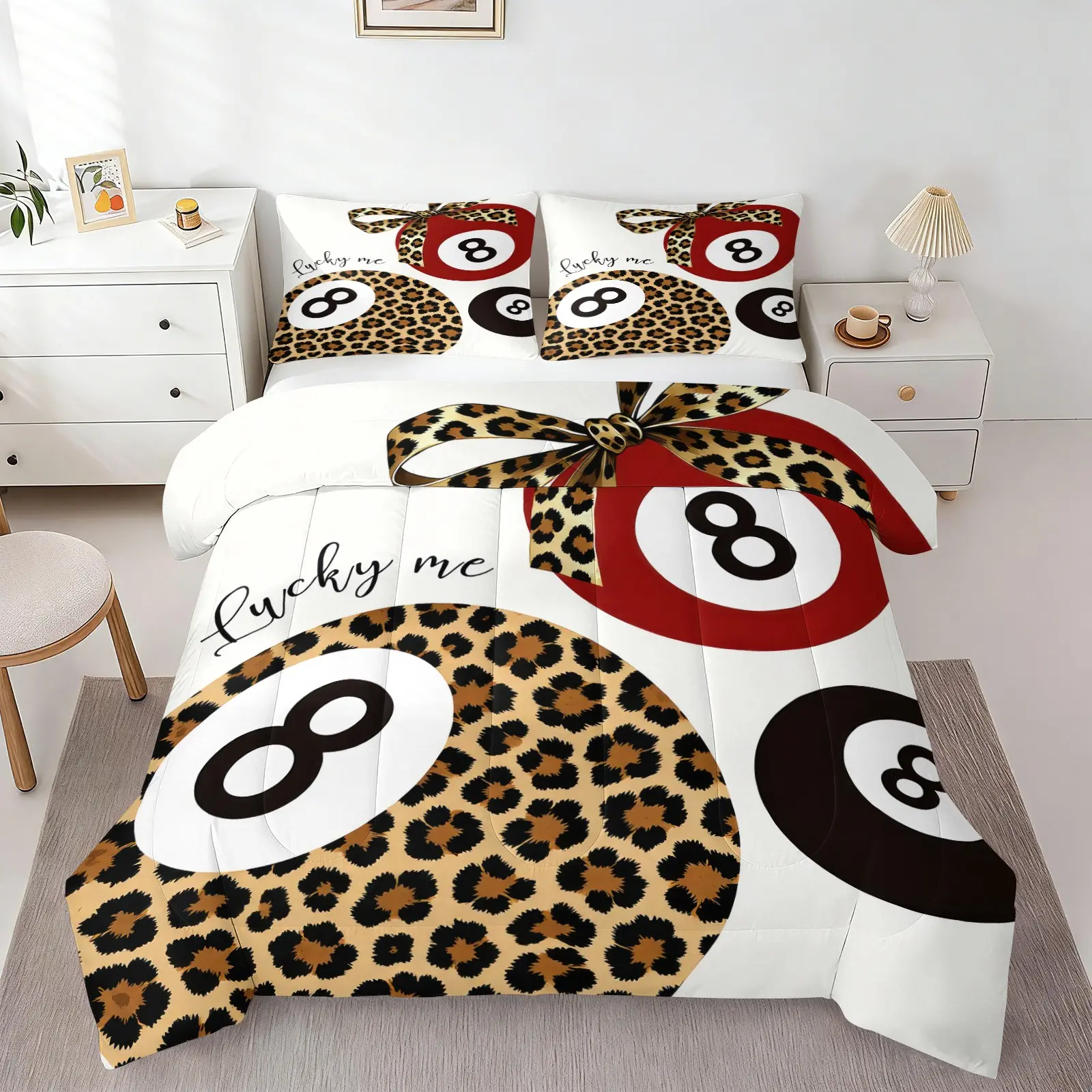 Vintage Leopard Lucky Print Comforter Set, 1 Quilt & 1/2 Pillowcase No Pillow Insert, Trendy Preppy Bedding Set, Cute Stylish Room Decor for Teen Girls, College Dorm & Small Apartment Bedroom Renovation