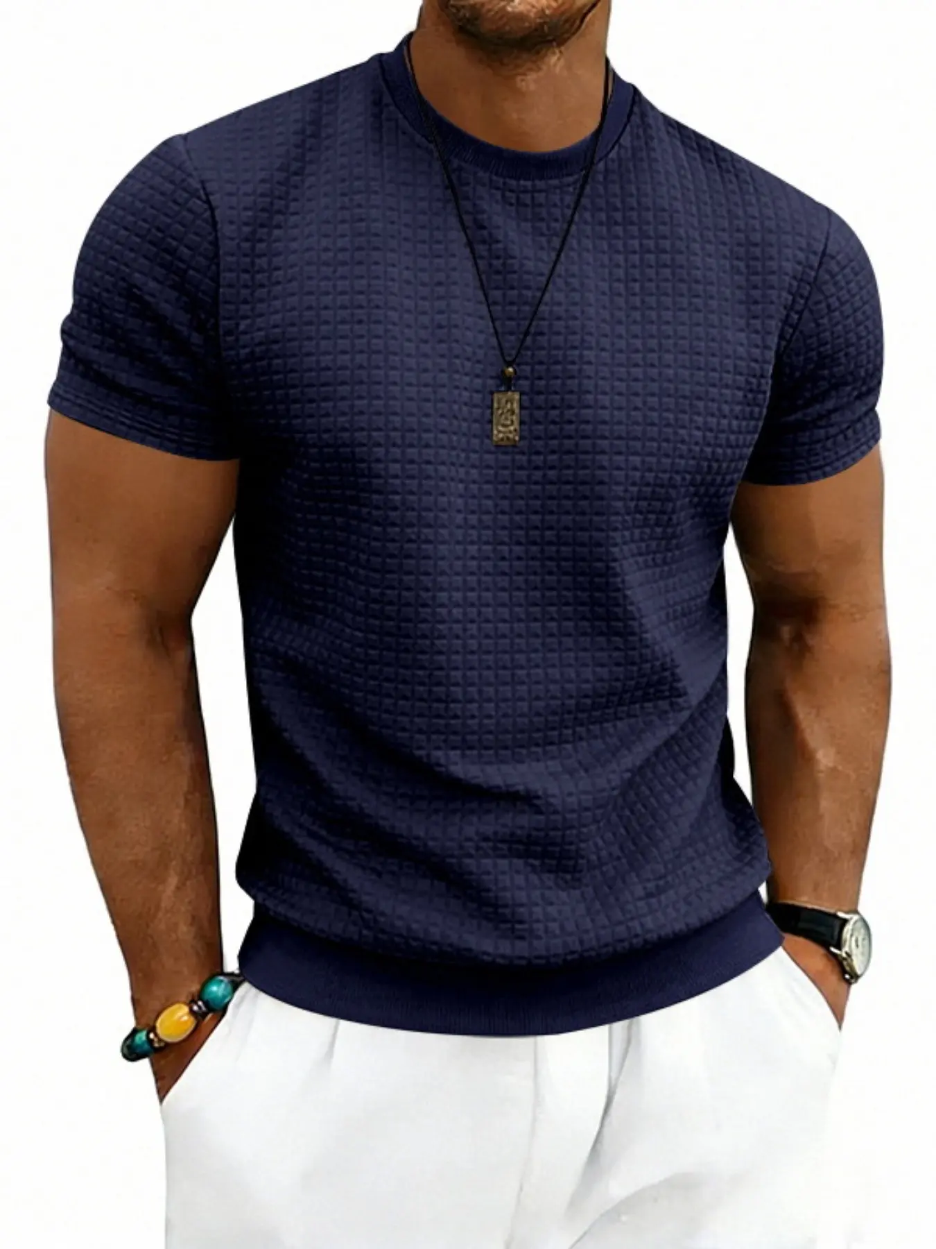 Summer Men's Sporty Small Grid Simple Top, Casual Workout Tops, Activewear T Shirt, Fitness Shirts, Casual Round Neck Versatile Texture Short Sleeve T-Shirt, Comfortable and Stylish