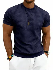 Summer Men's Sporty Small Grid Simple Top, Casual Workout Tops, Casual Round Neck Versatile Texture Short Sleeve T-Shirt, Comfortable and Stylish