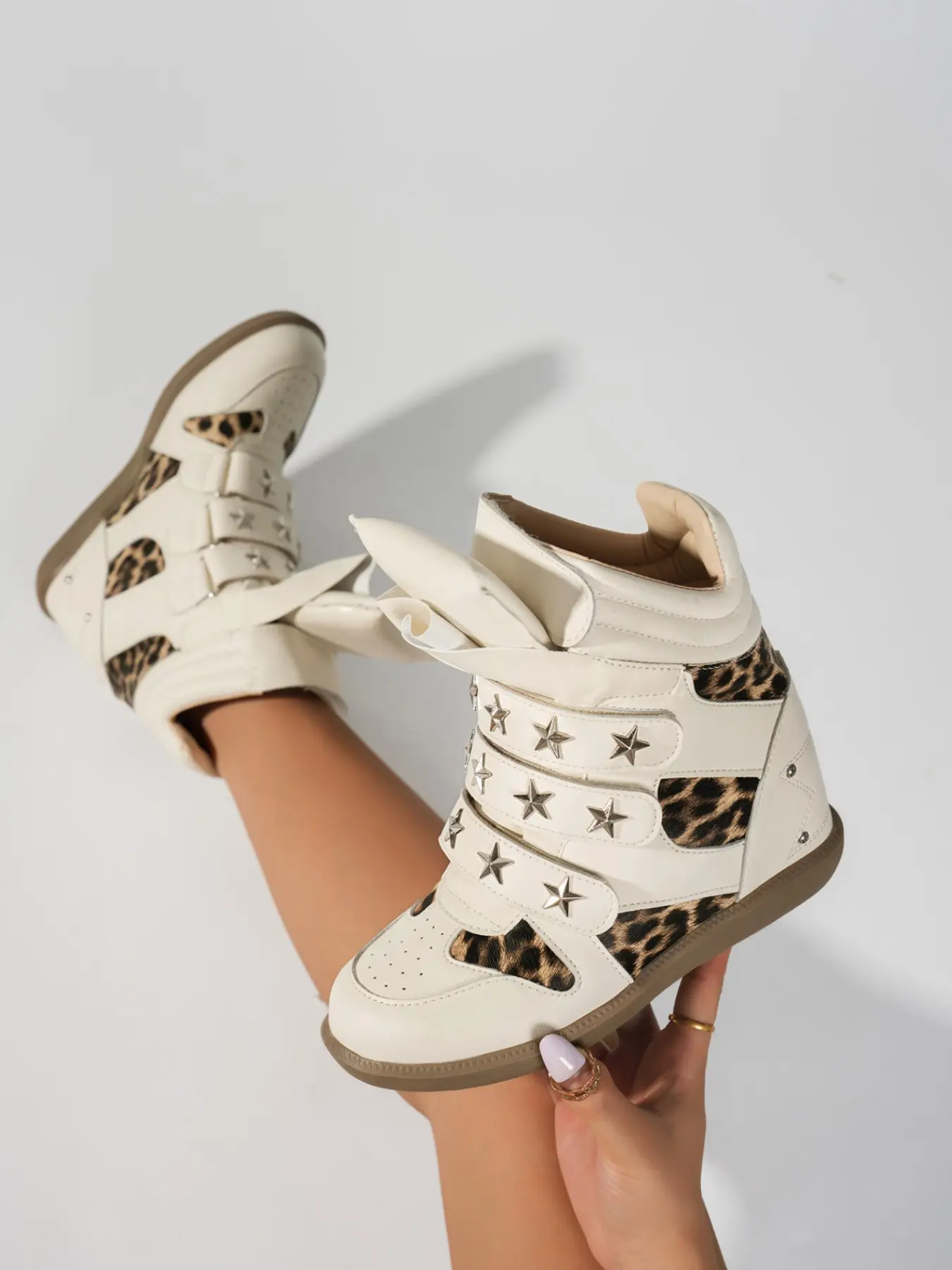 Women Pyramid Studded Multi Strap Hidden Wedge High Top Sneakers, Punk Rock Ankle Shoes, Sporty Style, All Seasons, Textile Upper, Tpr Sole
