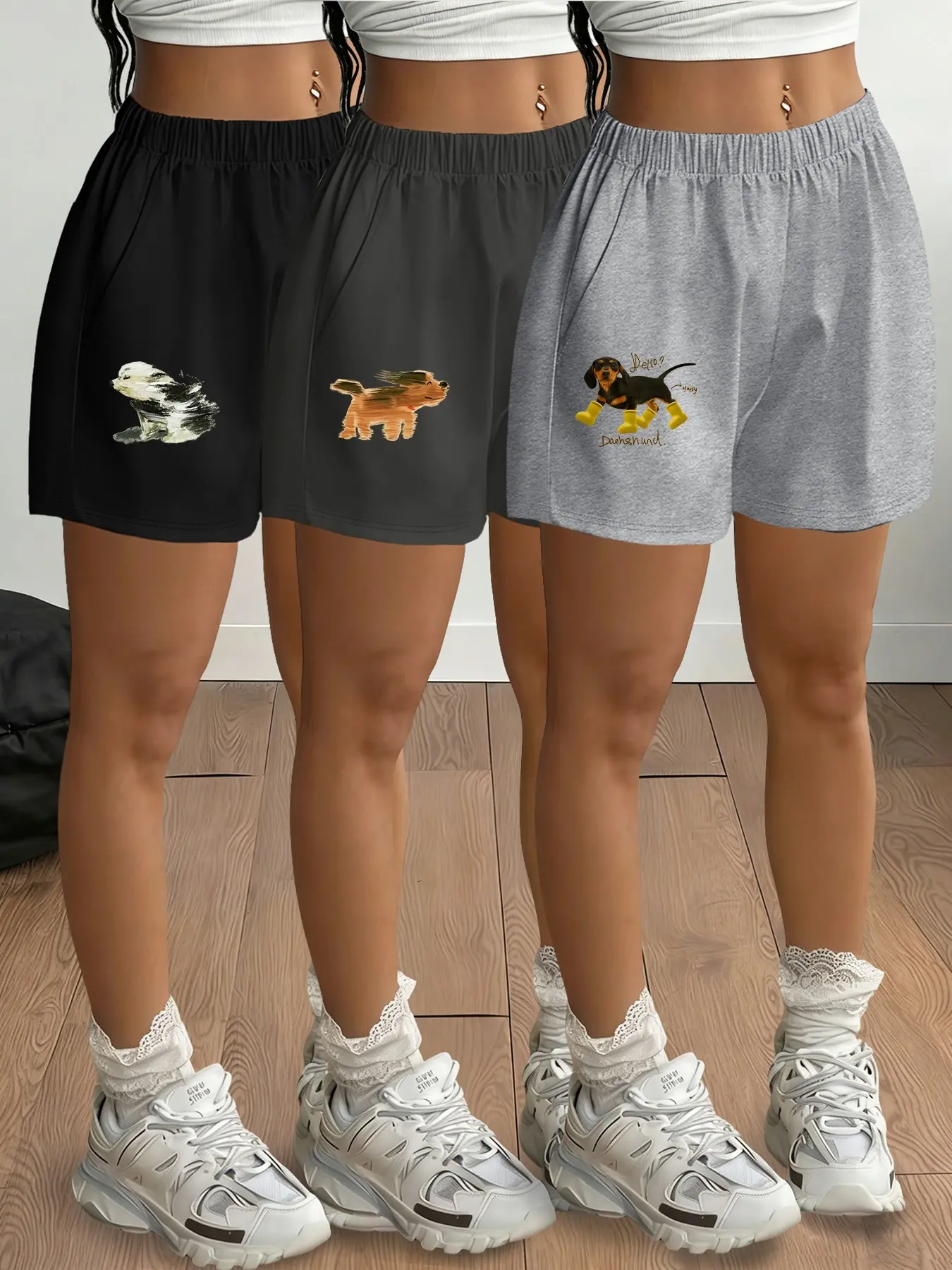 3-piece set Cartoon Puppy (Snoopy)   Cartoon Country Puppy   Yellow Boots Cartoon Dachshund Fashion Women's Hot Pants Casual Women's Shorts Minimalist Slanted Pocket 3-piece Set Casual Comfy Shorts