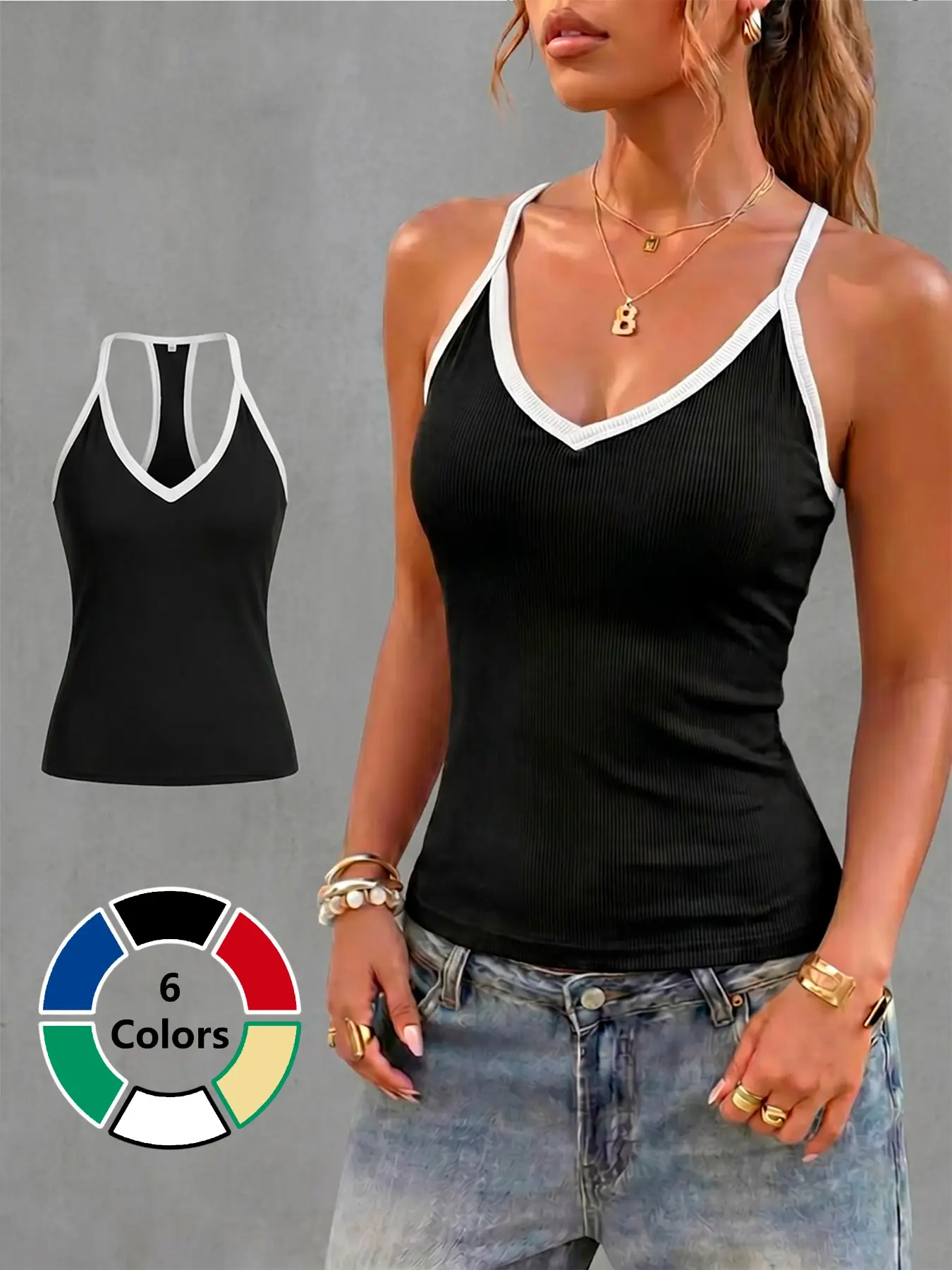 Y2K V-Neck Ribbed Sleeveless Tank Top, Slim-Fitting Casual Sporty Vest, Plain Surface, All Seasons, Non-Button Design, Fitted Tank Tops