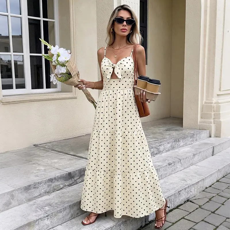 Women's Sleeveless Italian Style Polka Dot Suspender Cake Dress - 2026 Europe-America Summer Retro Vacation Look, Hollow Lace-Up Long Dress, Cold Wash, Do Not Dry Clean, No Bleach Note (Straps Included)