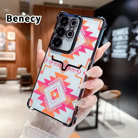 Southwestern Tribal Diamond Pattern Cellphone Casing for Samsung Galaxy S22+ S23 Ultra S24 Plus S25 S26 FE Edge, 4-Corner Electroplated Protective Shockproof Soft Casing, Durable Silicone Mobile Phone Accessories Cover