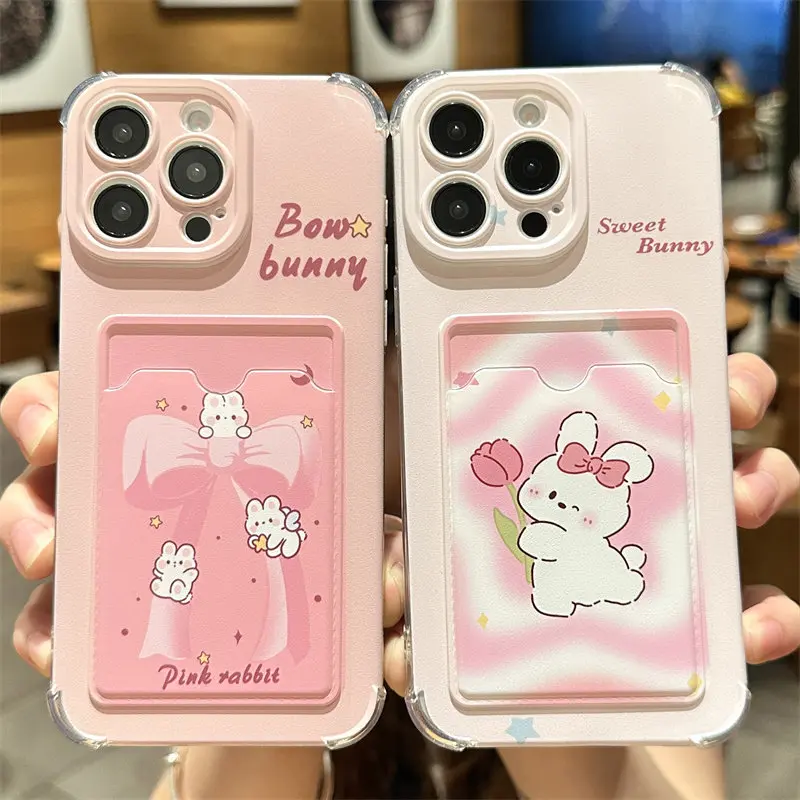 Cartoon Bunny Bow Card Holder Phone Case - TPU Material, Compatible with iPhone 17,16,15,14,13,12,11,X,XS Max & Samsung Models