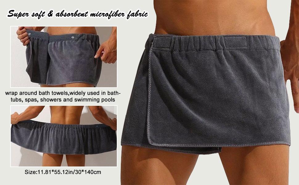 Men Boys Soft Wearable Bath Towel Short Pants Adjustable Mircofiber Towel Pool Beach Spa Bathing Shower Cover Up Wrap Around Towel (Grey)