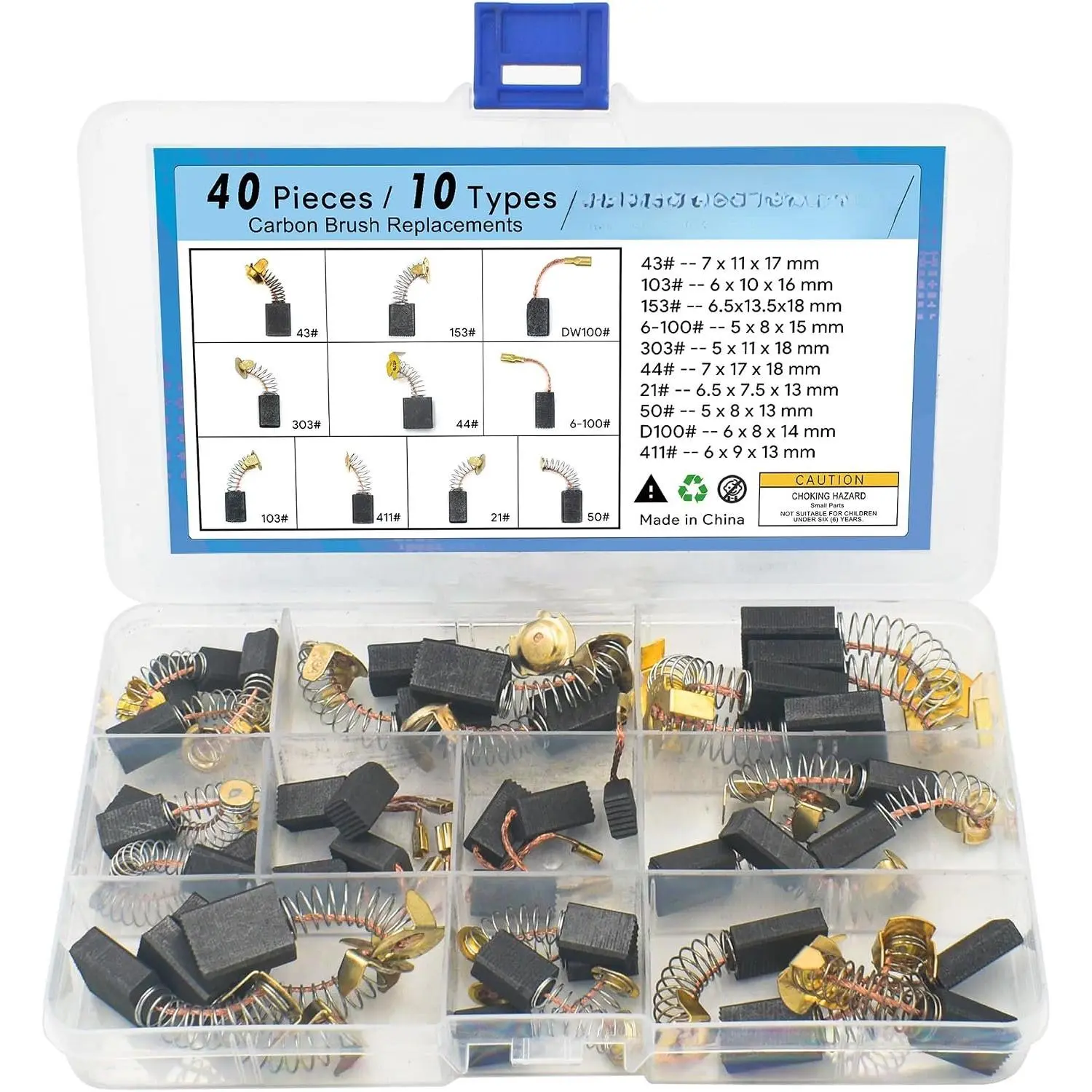 40 count Carbon Brush  Kit, 10 Types  Brushes by Size,  Power Tool Carbon Brushes for Angle , Circular , Hammer Drill, Vacuum  Repair