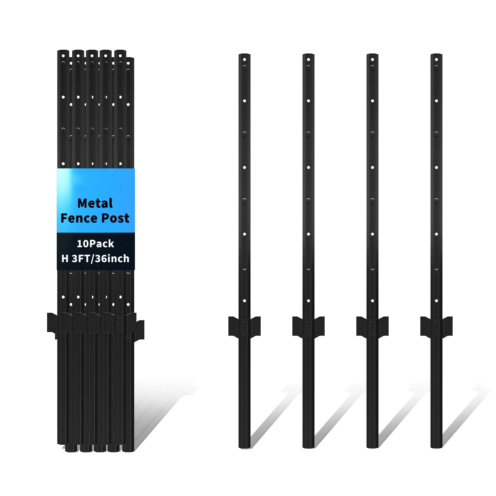 Metal Fence Posts 10 Pack, Heavy Duty U Post for Wire Fencing, No Dig Steel Fence Stakes, Rustproof Powder Coated Anchor Posts for Garden, Yard, Farm & Backyard
