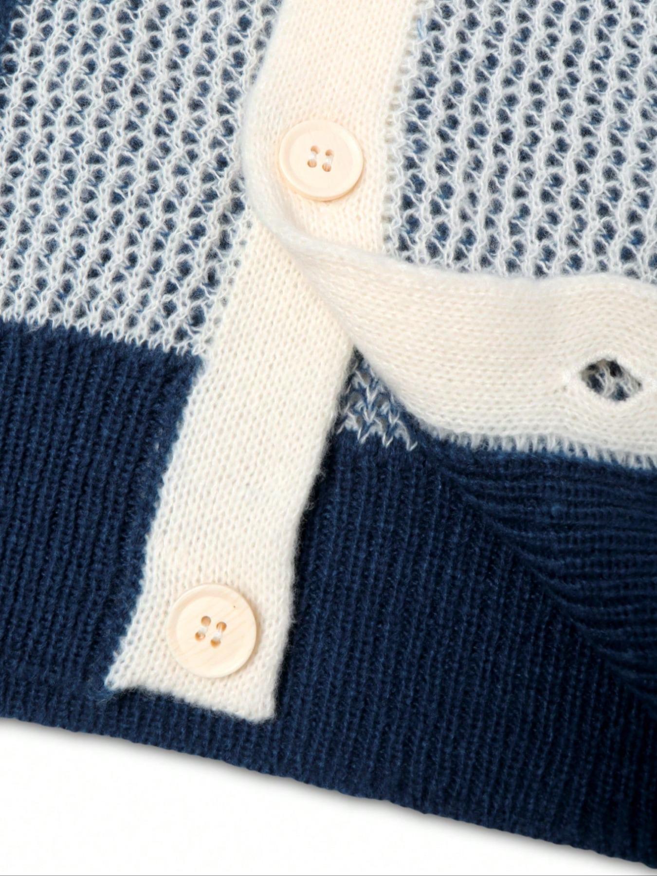 Men's Vintage Casual Wide Plaid Colorblock Polo Collar Button Front Sweater Coat, Perfect for Spring & Fall Seasons, Long Sleeve Knitwear