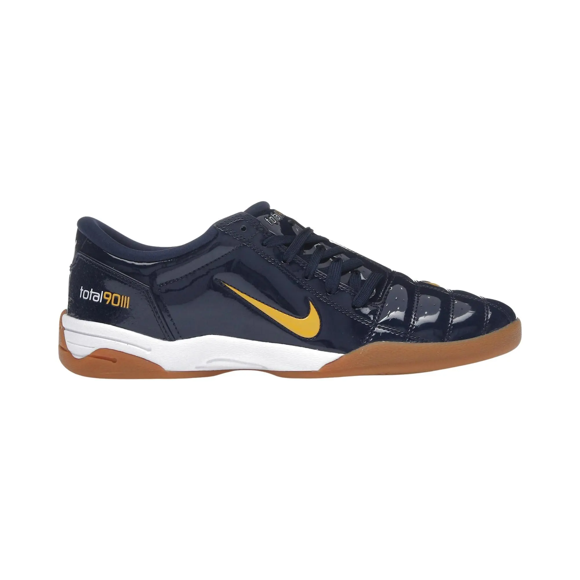 Nike Womens Total 90 3 SP 'Patent Michigan' (women's sizes) Midnight Navy/White/Gum Medium Brown/University Gold football boots IB5666 400