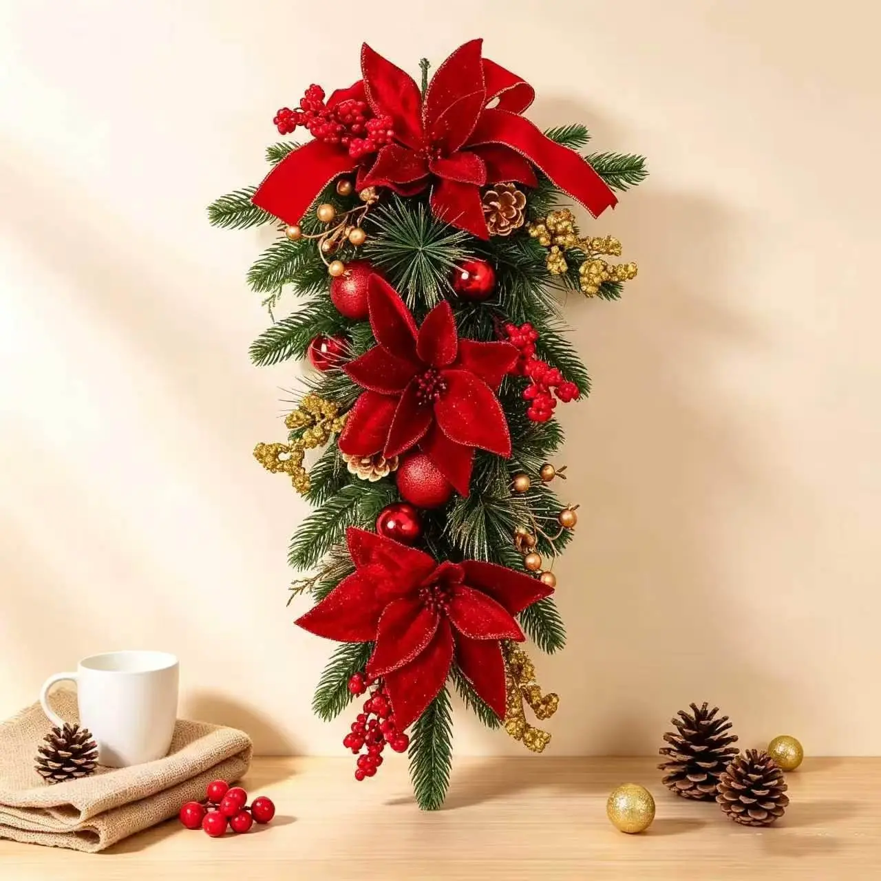Farmhouse Style Christmas Teardrop Door Hanger, Velvet Poinsettia Artificial Hanging Wreath, Gold Decorative Balls and Berries