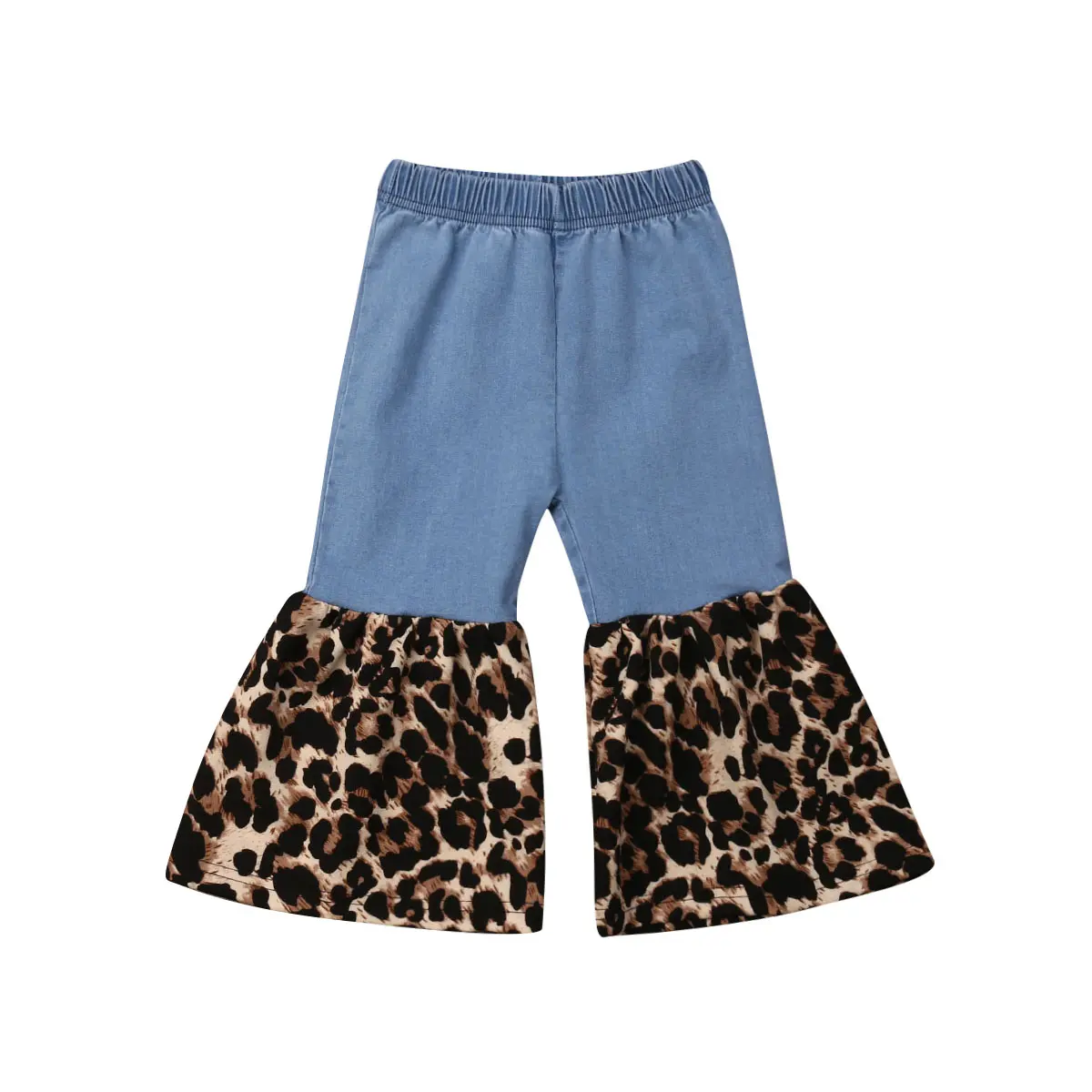 Toddler Baby Girl Denim Leopard Patchwork Flare Pants Elastic Waist Wide Bell Bottom Kids Casual Daily Bottom Outfits