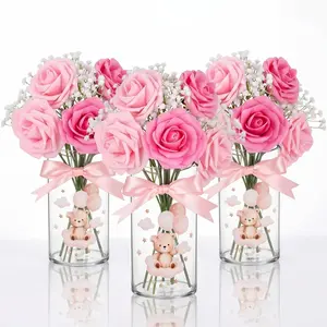 Rtteri 3 Sets Bear Baby Shower Table Centerpieces, Artificial Rose Baby's Breath Bouquet Balloon-Bear Sticker Vase with Ribbon Set Decor for Boys or Girls Gender Reveal Welcome Party Favors(Pink)