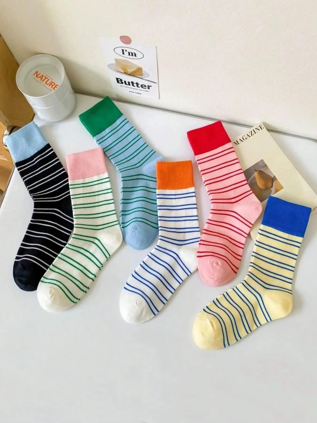 6 Pairs Women's Socks, Random Colors, Candy Stripe Mid-Calf Socks, Comfortable Soft, Casual Style, All-Season Long Socks