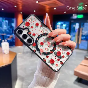 Phone Case - Cute Ladybugs And Roses with Leaves. Black Border Magnetic Phone Case, Anti-Yellowing, Slim Lightweight & Bare Feel, Luxury Premium Design for Samsung Galaxy S22 S23Fe S24 S25 Plus Ultra, Trendy & Perfect Gift