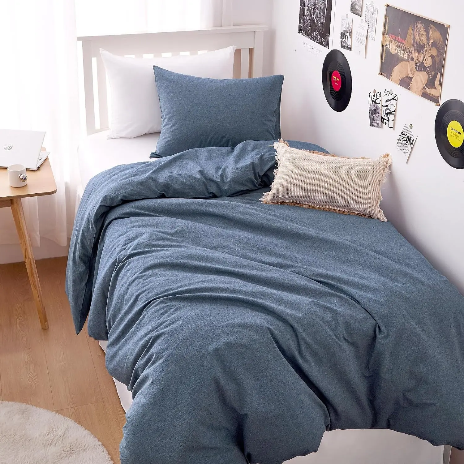 Cotton Duvet Cover Set, 100% Washed Cotton, Linen Like Textured, Breathable Durable Comfy Farmhouse Neutral Bedding Set, 3 Pieces, Denim Blue, Twin/Twin XL Size