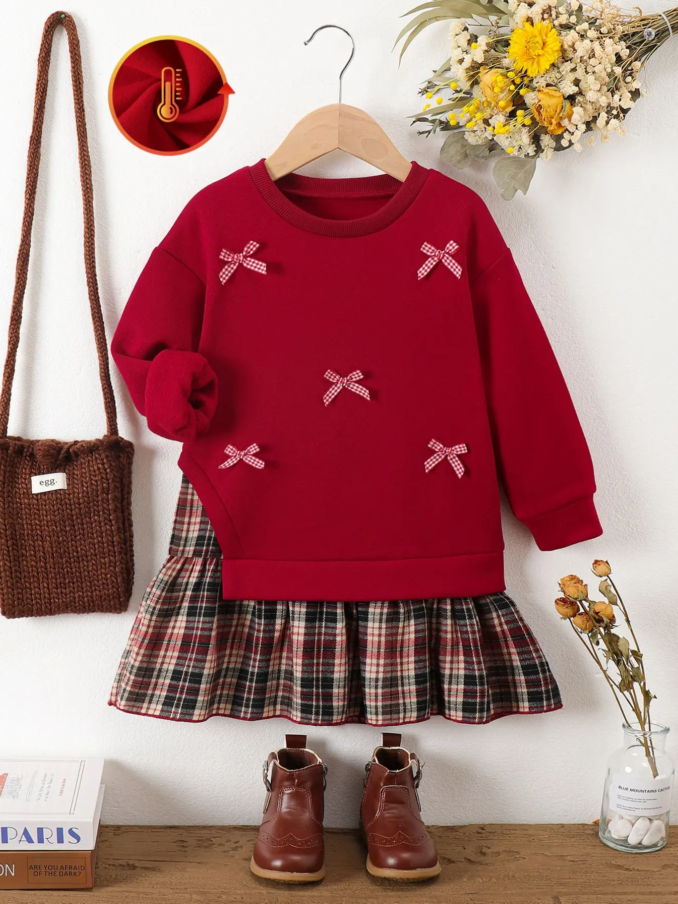 Girls' Faux Two-Piece Dress, Plaid Bow Sweatshirt Patched Check Pleated Skirt, Fall Winter Warm Princess Dress