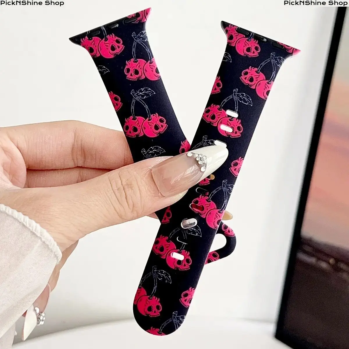 Unisex Cherry Skull Silicone Apple Watch Band Gothic Punk Aesthetic Strap All Sizes Ultra 2 SE Series 1-11 38-49mm Daily Wear Sports Casual TikTok Viral Y2K Goth Replacement Band