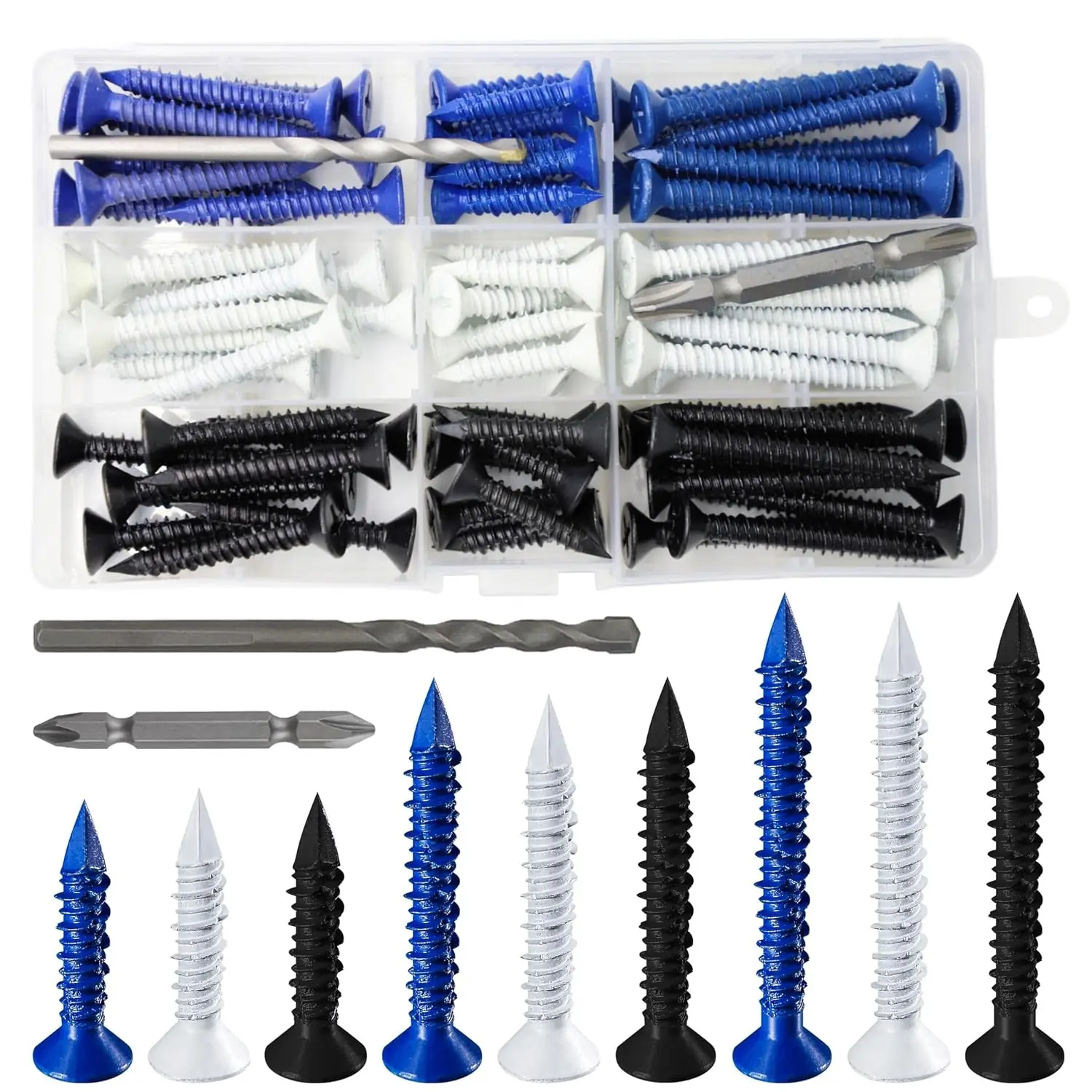 (105 PCS) Multi-Size Flat Head Concrete Anchor Kit, 3/16" Blue/Black/White Screws for Home Repair, Masonry Fixer Use on Block, Brick or Stucco