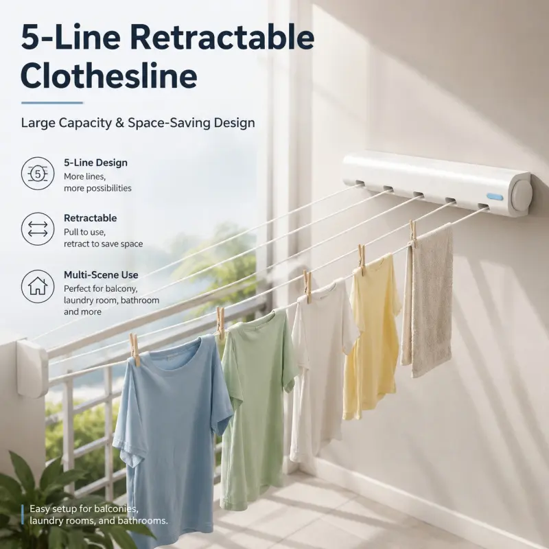 5-Line Retractable Clothesline, Large Capacity & Space-Saving Design, Retractable for Easy Use and Storage, Multi-Scene Application for Balcony, Laundry Room, Bathroom and More