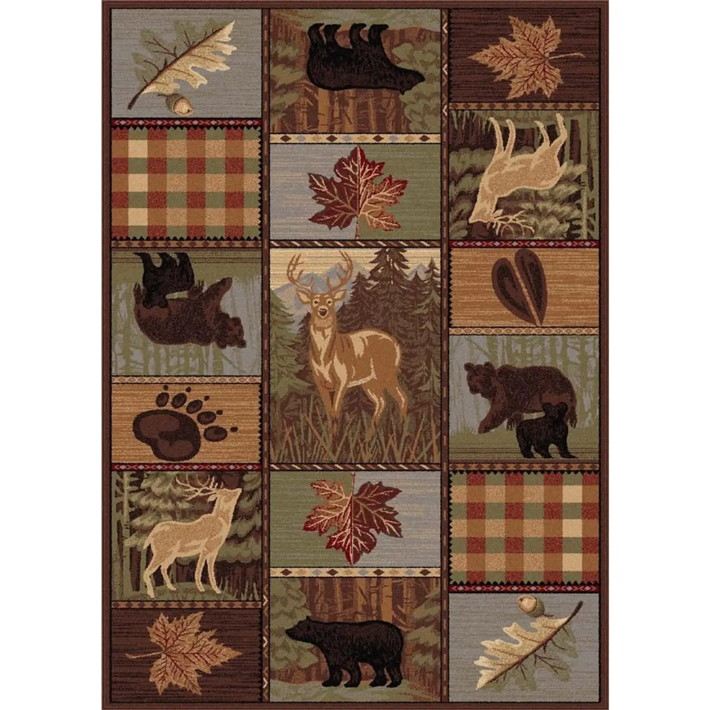 1pc 8x10 Rustic Patchwork Area Rug , Bear Deer Moose Maple Leaf Grid Design , Cozy Plush Soft Faux Cashmere , Heavy Duty Non Slip Bottom , Living Room & Bedroom Deocr , Rugs For Living Room , Aesthetic Room Decor , Alfombras Para Sala