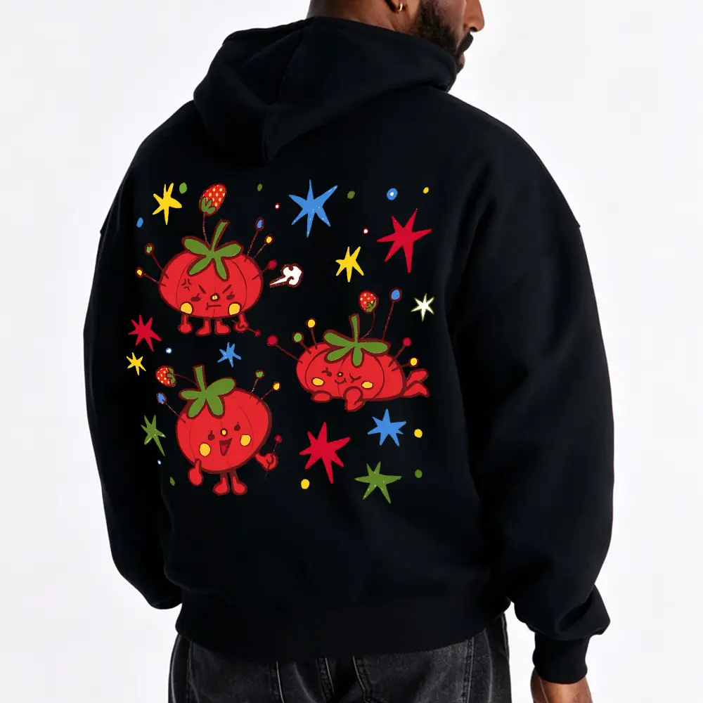 Kawaii Tomato Pincushion Graphic Hoodie | Unisex Oversized Cute Strawberry Star Print Sweatshirt, Retro Kidcore Indie Aesthetic Pullover
