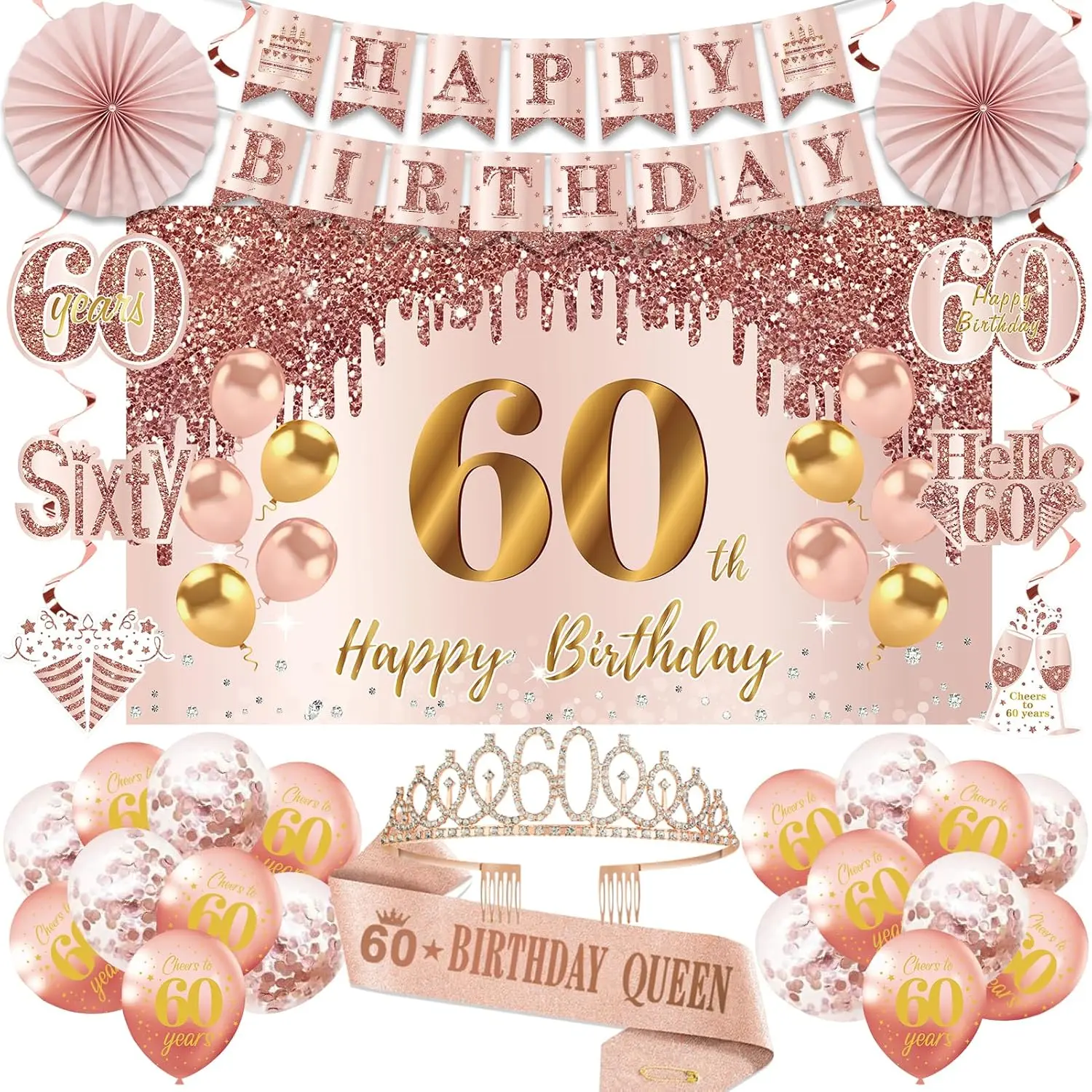 Women's Pink Gold 60th Birthday Decoration Set (32 Pieces) - Festive Party Supplies Kit with Banner, Backdrop, Sash, Crown, Balloons, Hanging Swirls, Paper Fans, Photo Props, Gift-Worthy for Celebrations