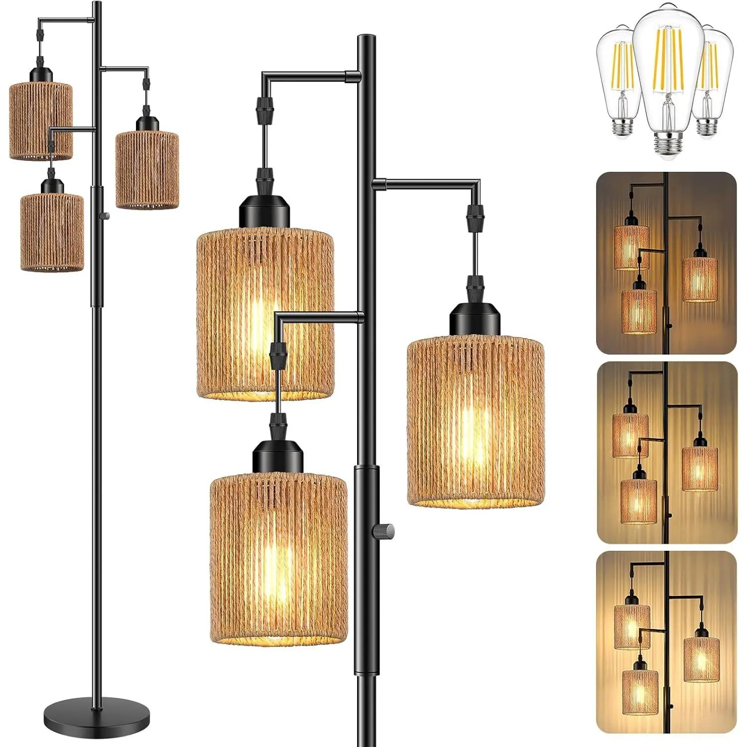 72" Boho Rattan Wicker Floor Lamp, Tall Dimmable Industrial Tree Standing Lamp, Corner Decor Accent Lighting for Living Room, Bedroom, Dining Room, Nursery (3 x 800LM Bulbs Included) - Black
