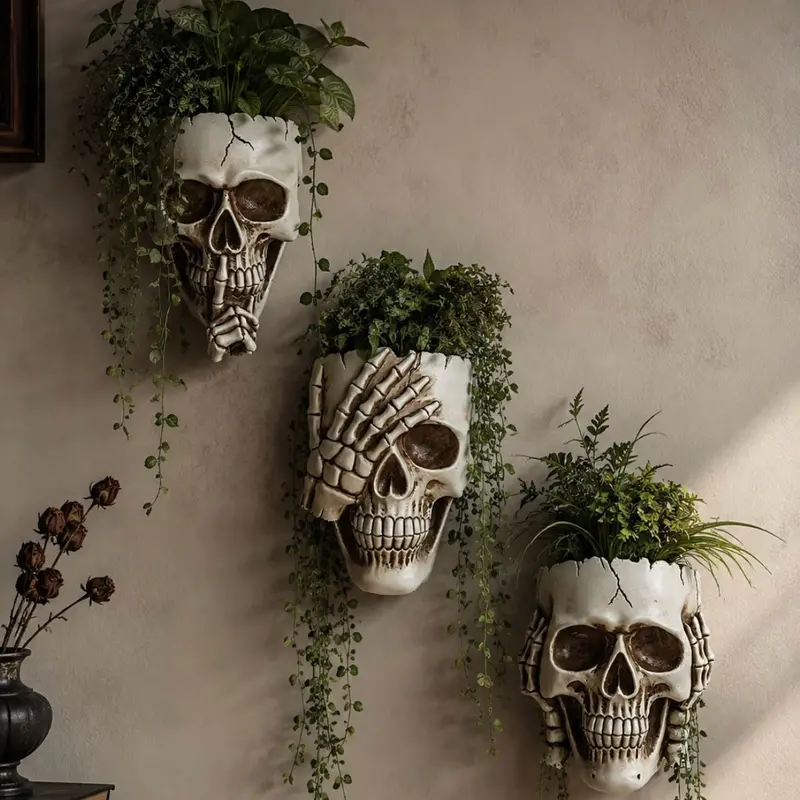 3-Piece Wall Hanging Skull Flower Pots, Decorative Resin Plant Holder, Gothic Room Decor, Vintage Inspired Home Decoration, Unique Wall Art