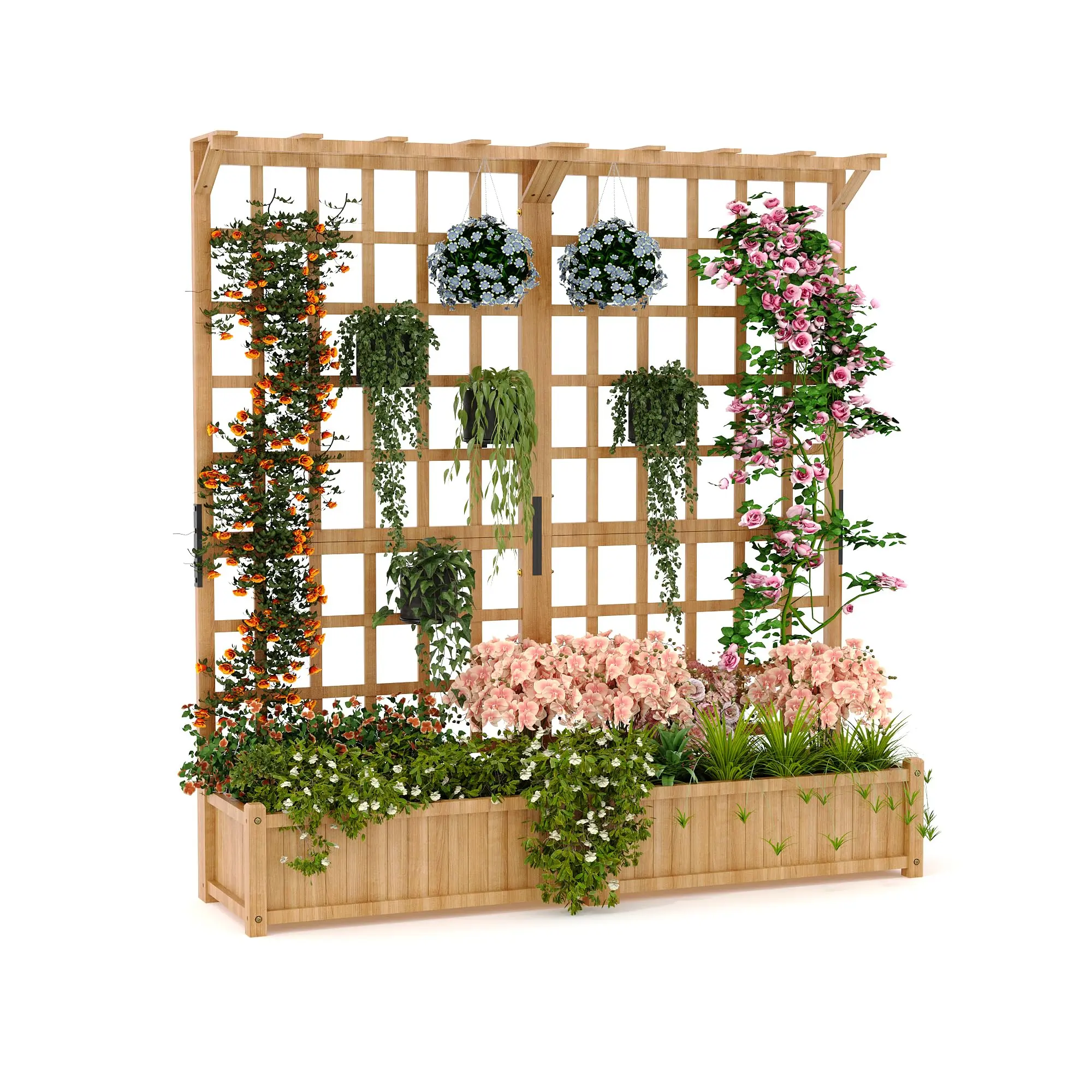 Large Wooden Raised Garden Bed with Trellis and Gable Roof - Deep 2-Tier Planter Box with 8 Drainage Holes, Privacy Screen for Climbing Plants, Vegetables, Flowers - Ideal for Patio, Backyard