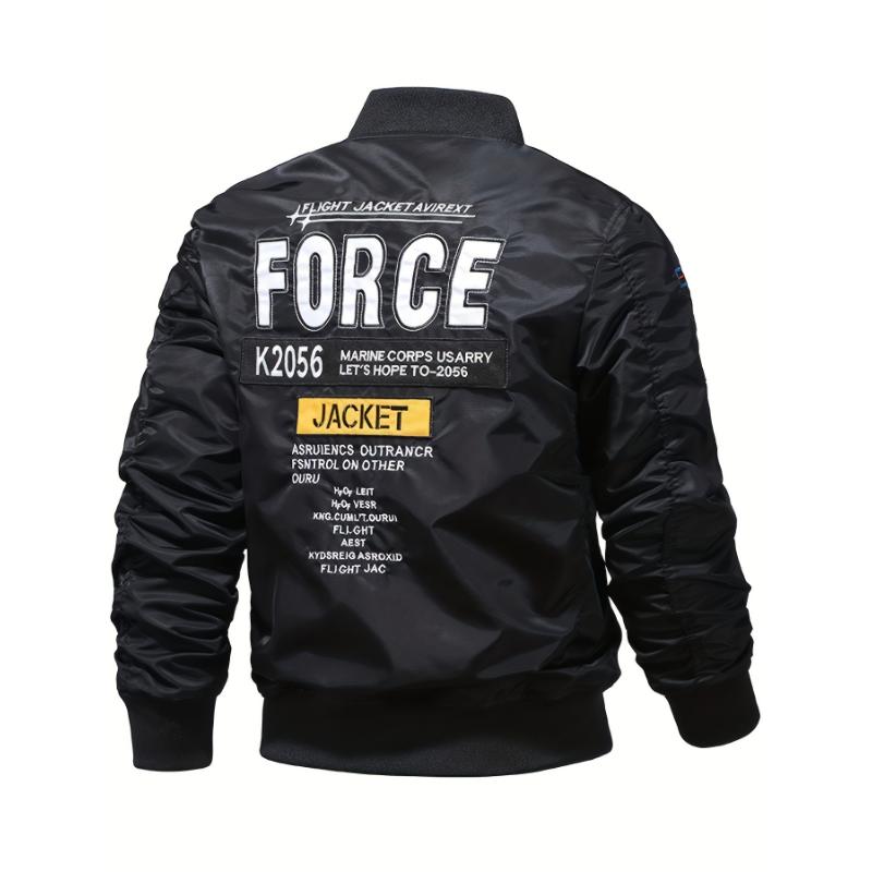 Men's Air Force Themed Letters Embroidery Baseball Collar Jacket, Casual Stylish Long Sleeve Windproof Motor Coat Outdoor Clothes Men's Air Force Themed Letters Embroidery Baseball Collar Jacket, Casual Stylish Long Sleeve Windproof Motor Coat Outdoor Clothes