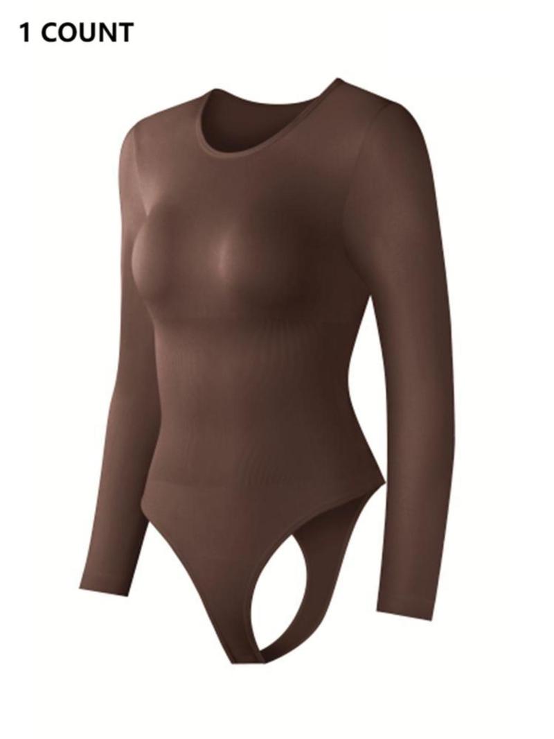 Women's Solid Round Neck Long Sleeve Shapewear Bodysuit, Body Sculpting Compression, Casual Comfy Tummy Control Bodysuit for Daily Wear, Women's Shapewear for All Seasons Women's Solid Round Neck Long Sleeve Shapewear Bodysuit, Body Sculpting Compression, Casual Comfy Tummy Control Bodysuit for Daily Wear, Women's Shapewear for All Seasons
