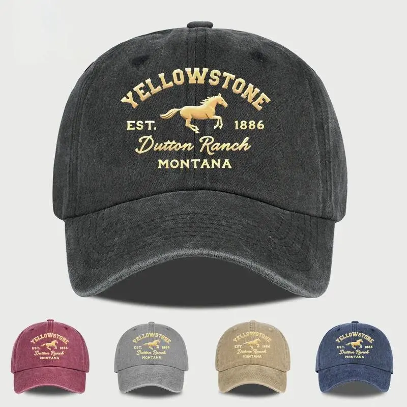 Yellowstone Horse Print Washed Baseball Cap Lightweight, Breathable, Adjustable Unisex Casual Wear & Camping Yellowstone Fan Gif
