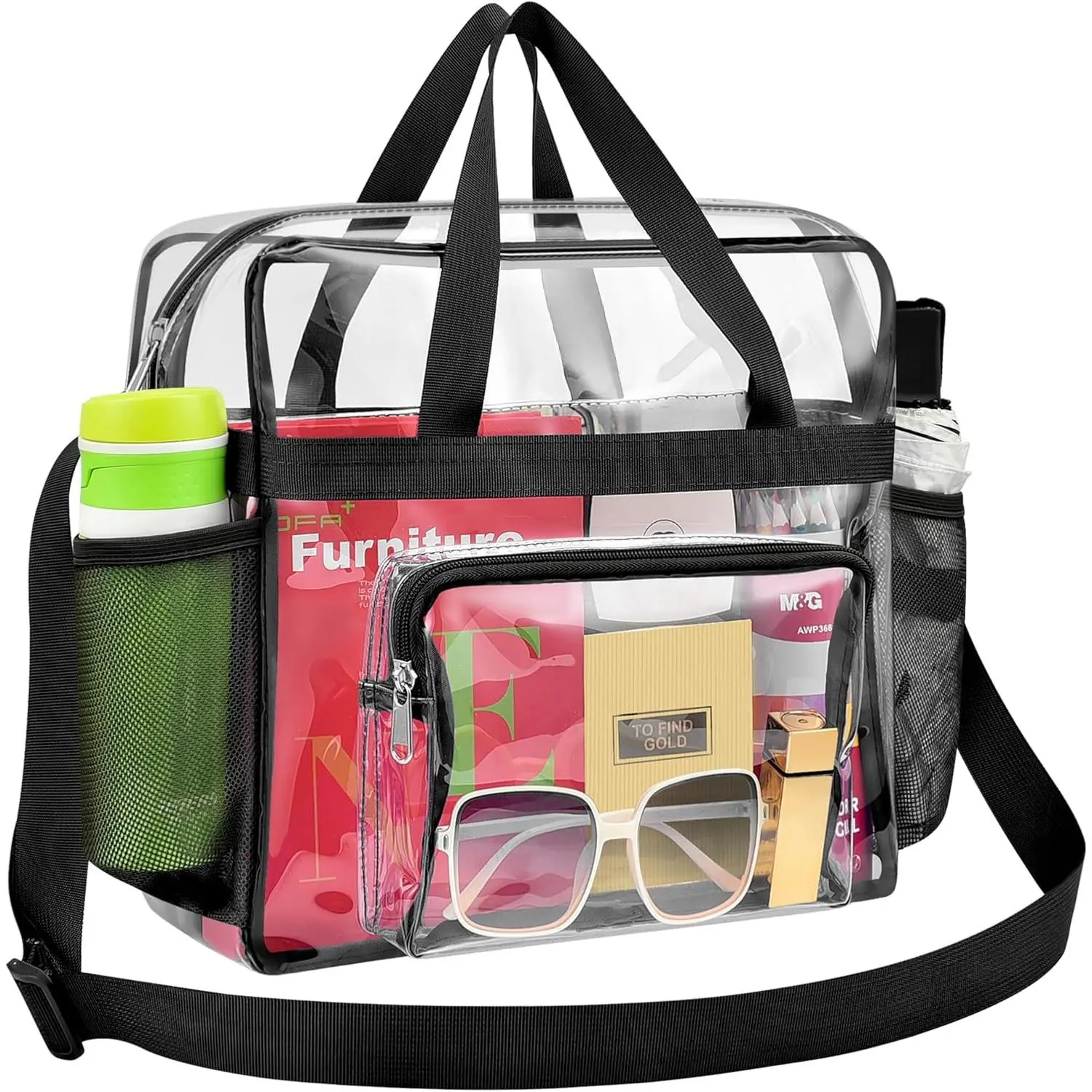 Transparent bag, suitable for stadium events, 12*5.5*12 transparent handbag lunch bag, equipped with a non-removable reinforced shoulder strap, suitable for work, sports activities, and gym