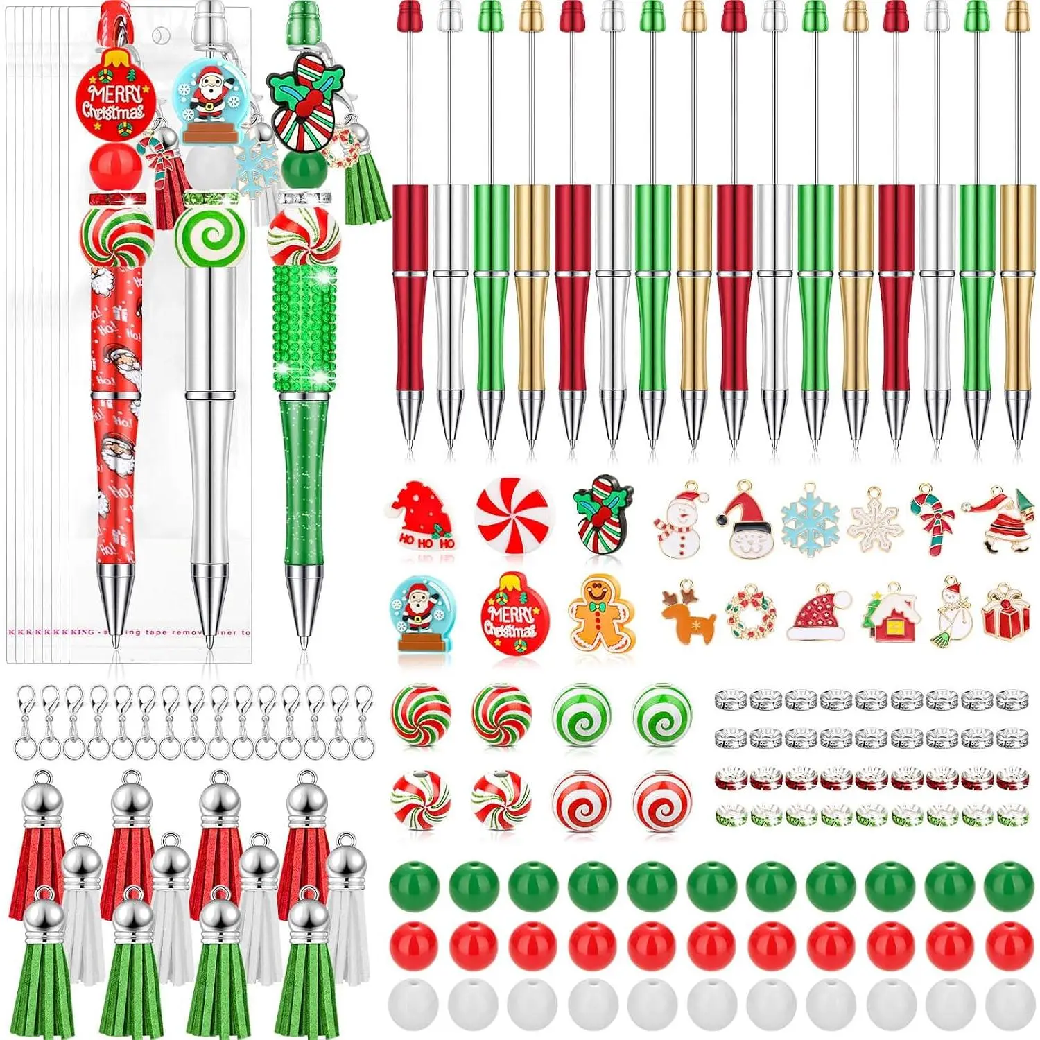 188 count Christmas Beaded Pens Bulk, 18 Sets Christmas Pens Bulk | with Christmas Focal Beads,  Beads, Christmas Charms and Tassels, Beadable Pens