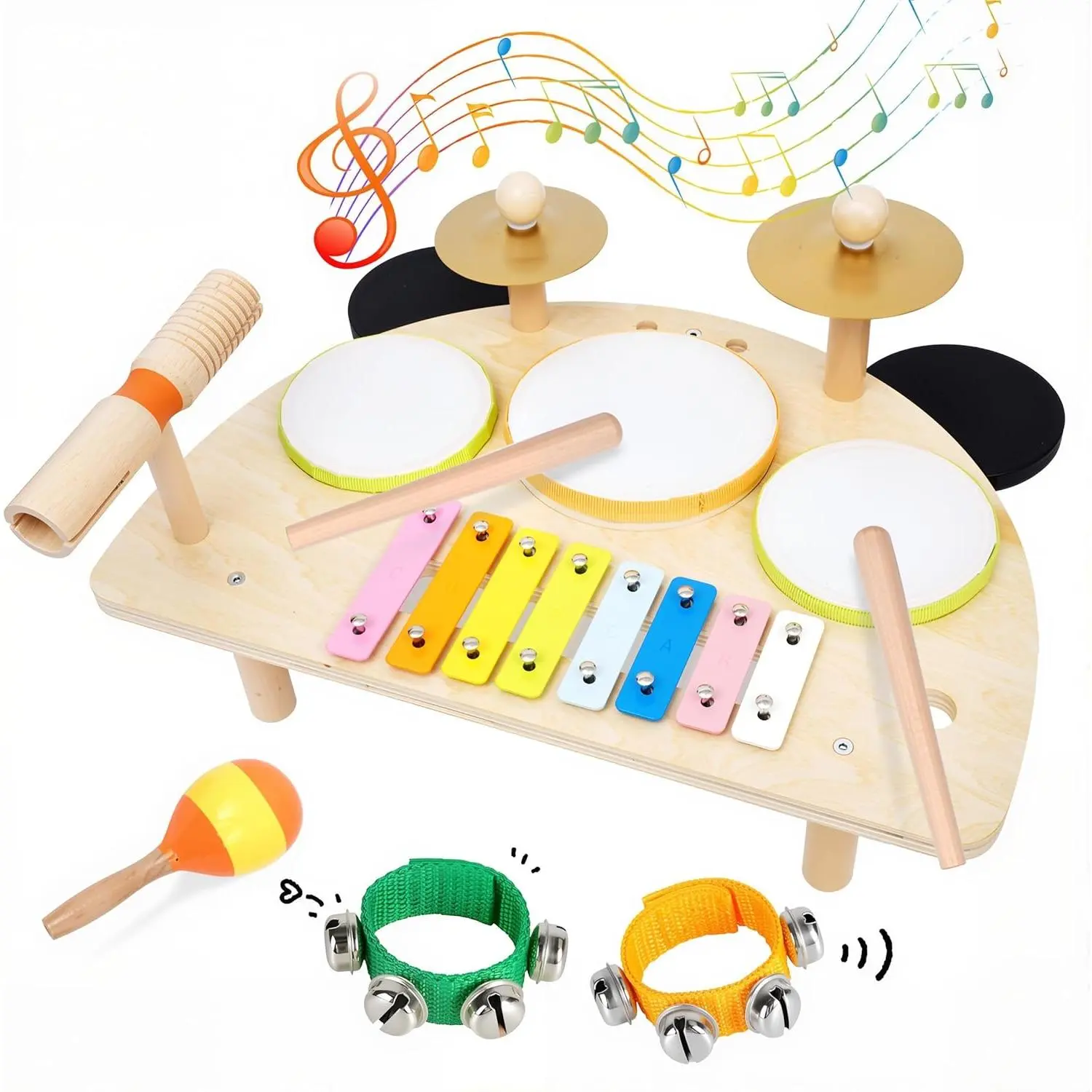 Kids Drum Set, Musical Instruments for Toddlers 1-3, Wooden Baby Musical Toys, Musical Activity Table Preschool Learning Xylophone Drum Kit, Christmas Birthday Gift for Boys Girls Ages 1-3