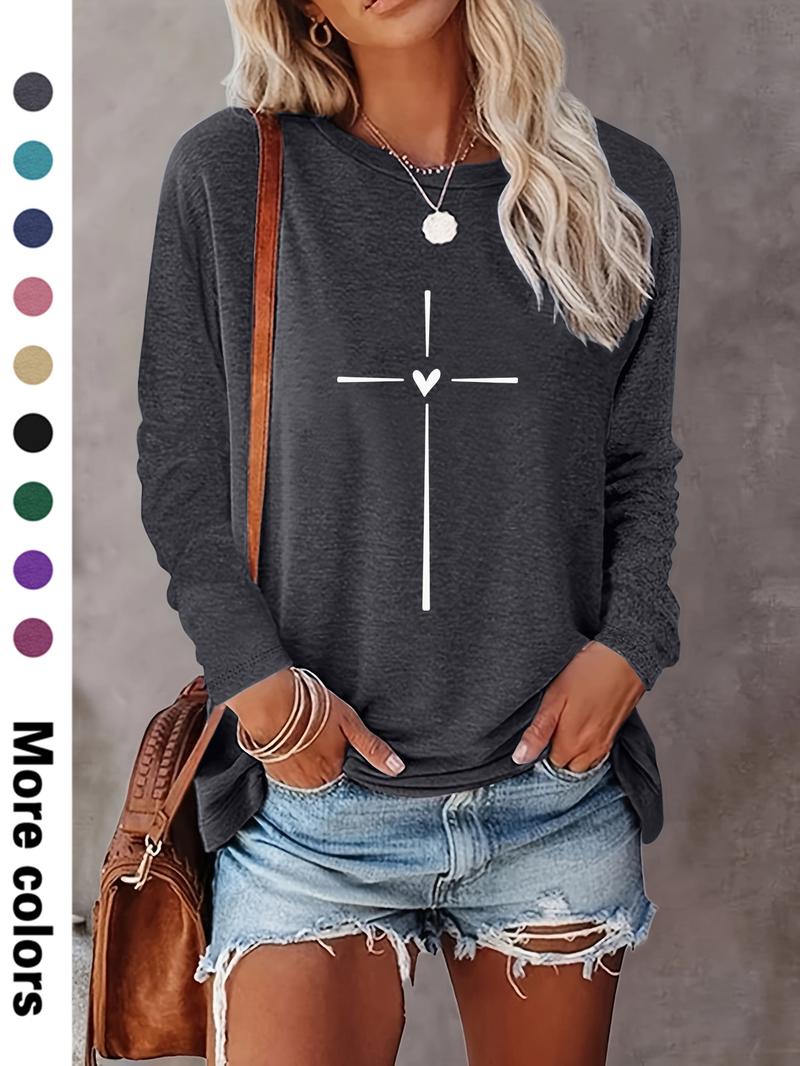 Women's Heart & Cross Print Round Neck Tee, Casual Long Sleeve Crew Neck T-shirt for Spring & Fall, Fashion Women's Top for Daily Wear