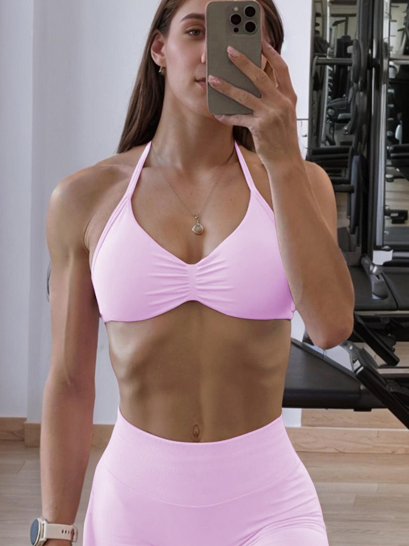 Women's Solid Backless Halter Sports Bra, Breathable Comfortable Strappy Wireless Sports Bra, Ladies Sportswear for Indoor Outdoor Wear