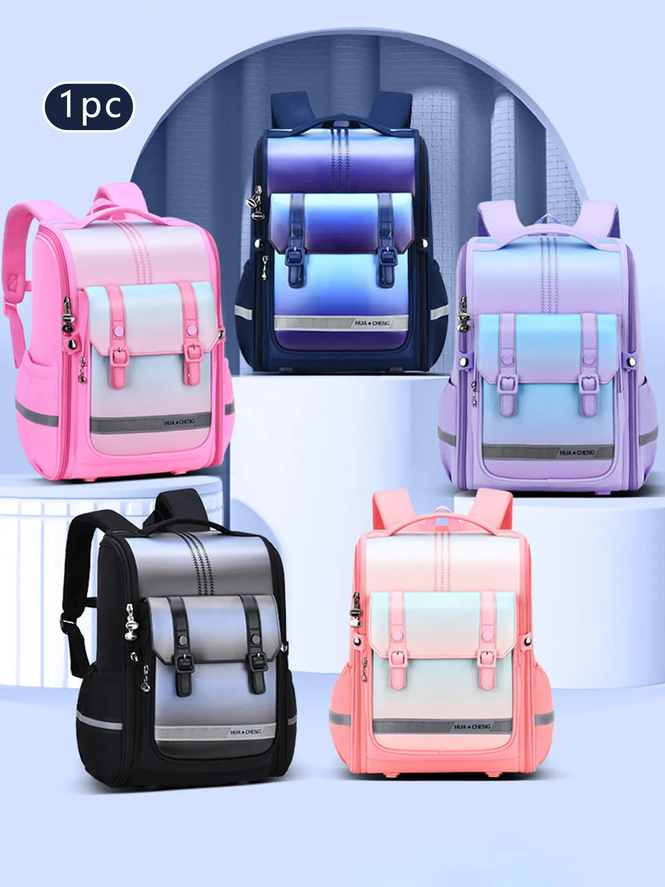 1Pc Gradient Glossy Panel Backpack Dual Buckle Front Flap Mesh Padded Shoulder Straps Multi-layer Zip Storage Side Mesh Bottle Pockets for Campus Study Weekend Trips Daily Casual Outings