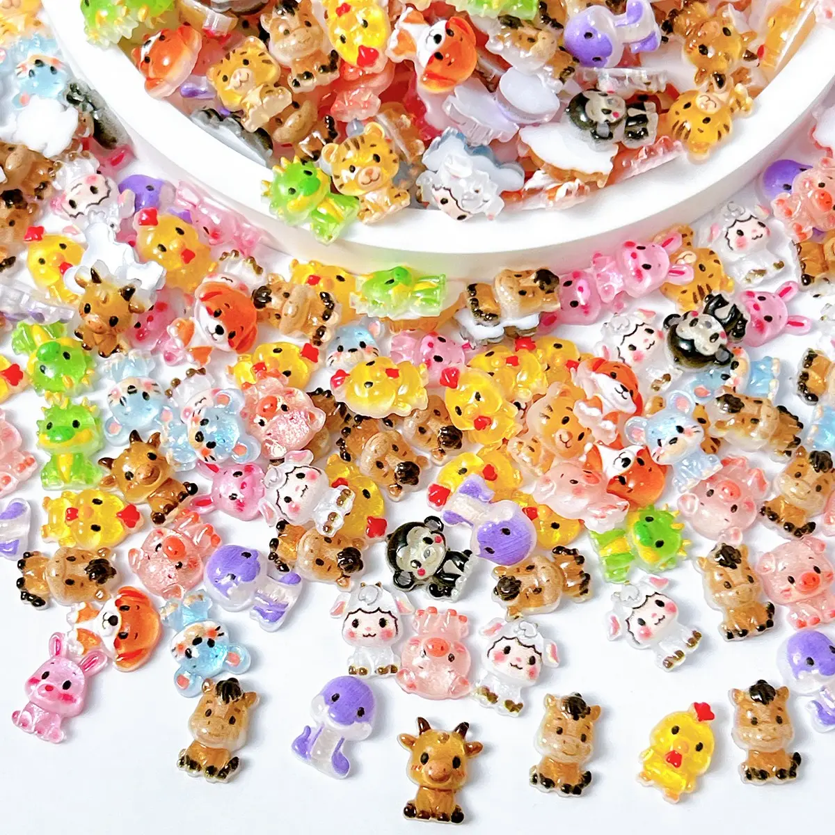 Kawaii mini animal nail charms mix 🐯，Tiny cartoon creature cabochons for cute manicure 🐷Cartoon Animal Resin Nail Art Stickers, Zodiac Dinosaur Jellyfish Mix, Cream Glue DIY Craft Accessories, Handmade Jewelry Supplies