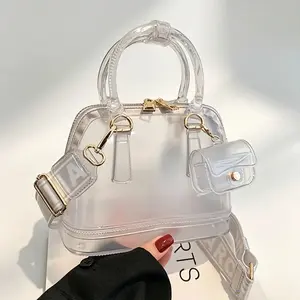 Women's Jelly Shoulder Bag in soft sheer tones. Lightweight pillow-shaped tote, versatile mini crossbody handbag with summer aesthetic. Chic casual bag for daily outfits, outings and travel.