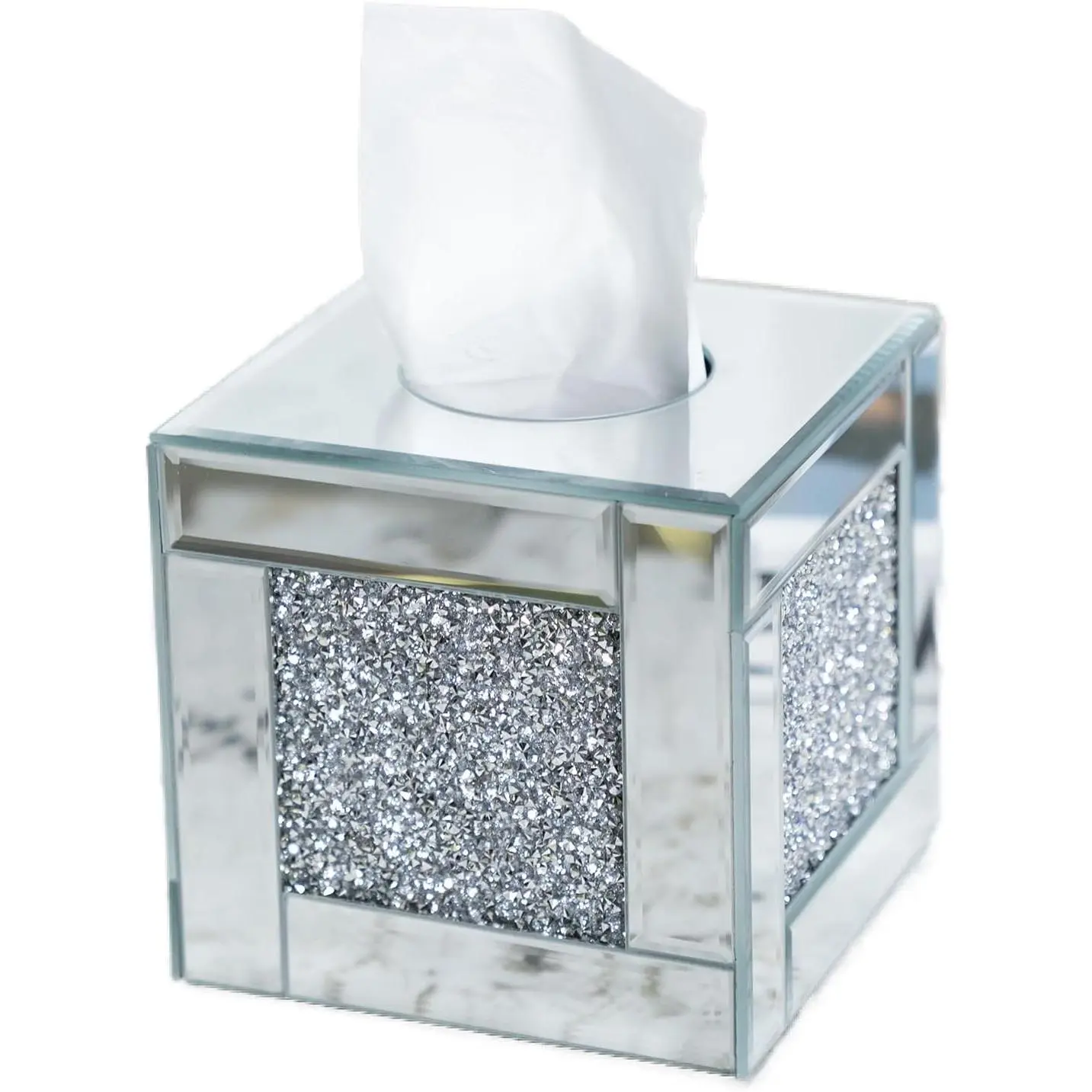 Silver Mirrored Square Glass Tissue Box Cover Holder with Crushed Diamonds, Luxury Facial Paper Organizer Dispenser for Bathroom Vanity Countertop, Tabletop