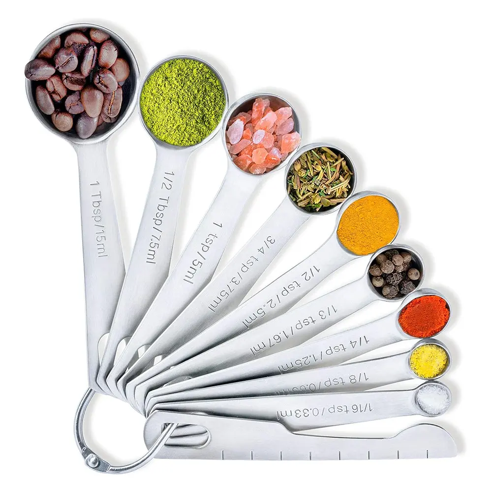 304 Stainless Steel Measuring Spoon Set, 9 Piece with Spreader, Dual Scale, Precision Kitchen Tools for Baking and Cooking