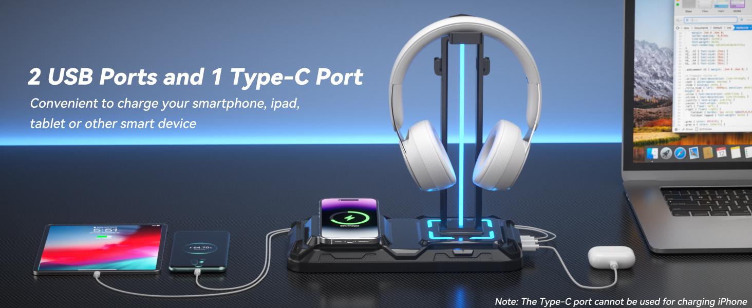 STANDARD GOODS GJ P-CPS019 Headphone & Controller Stand with Wireless Charging - Rotatable Headset Stand with 9 Light Modes - Controller Holder with 2 USB and Type C Ports - for Gamers Desktop Accessories STANDARD GOODS GJ P-CPS019 Headphone & Controller Stand with Wireless Charging - Rotatable Headset Stand with 9 Light Modes - Controller Holder with 2 USB and Type C Ports - for Gamers Desktop Accessories
