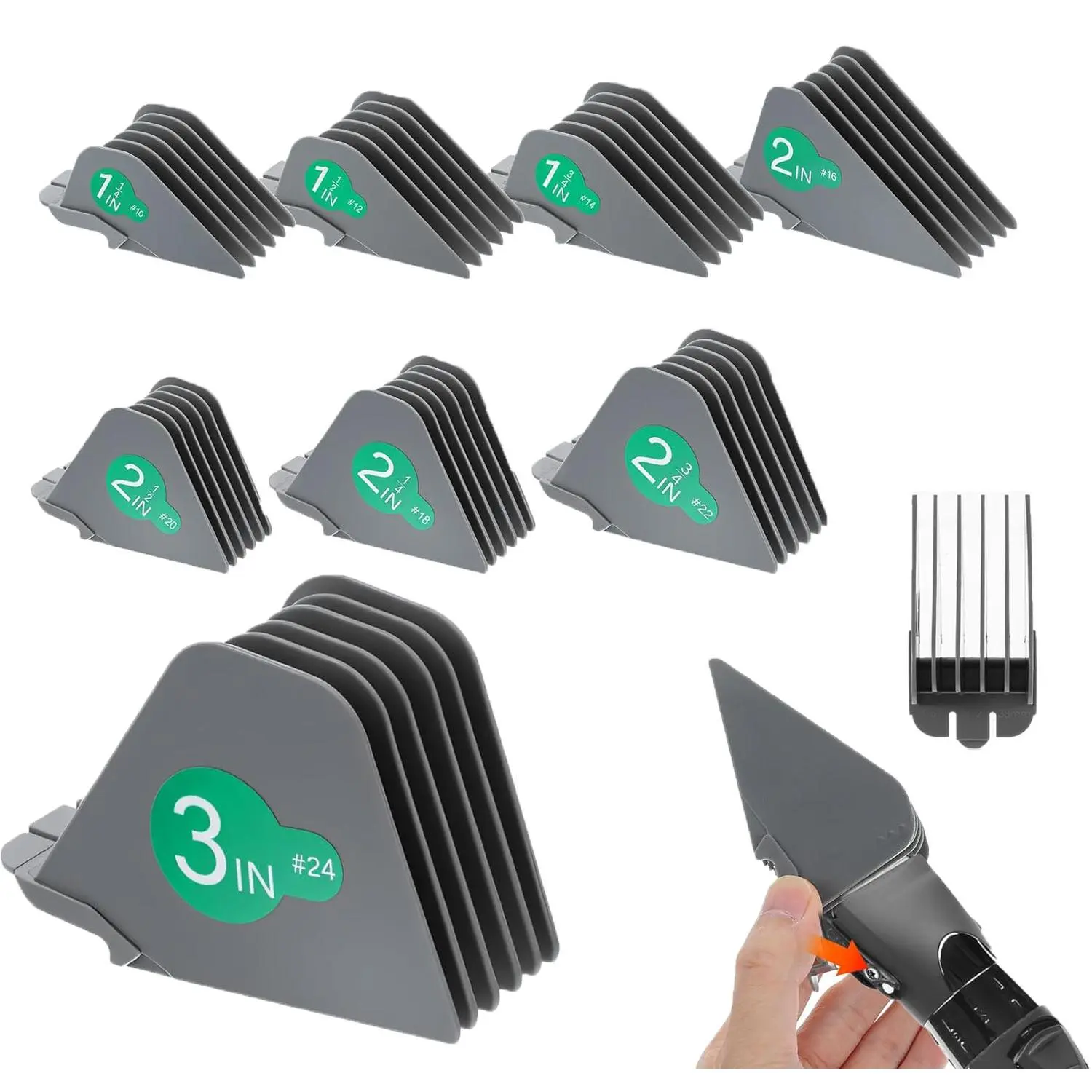 8Pcs Gray Extra Long Hair Clipper Guards Set, 1.25"/1.5"/2"#10/#12/#16 Large Cutting Guide Combs, 3 Inch Oversized Trimmer Replacement Attachments for Full Size Hair Clippers