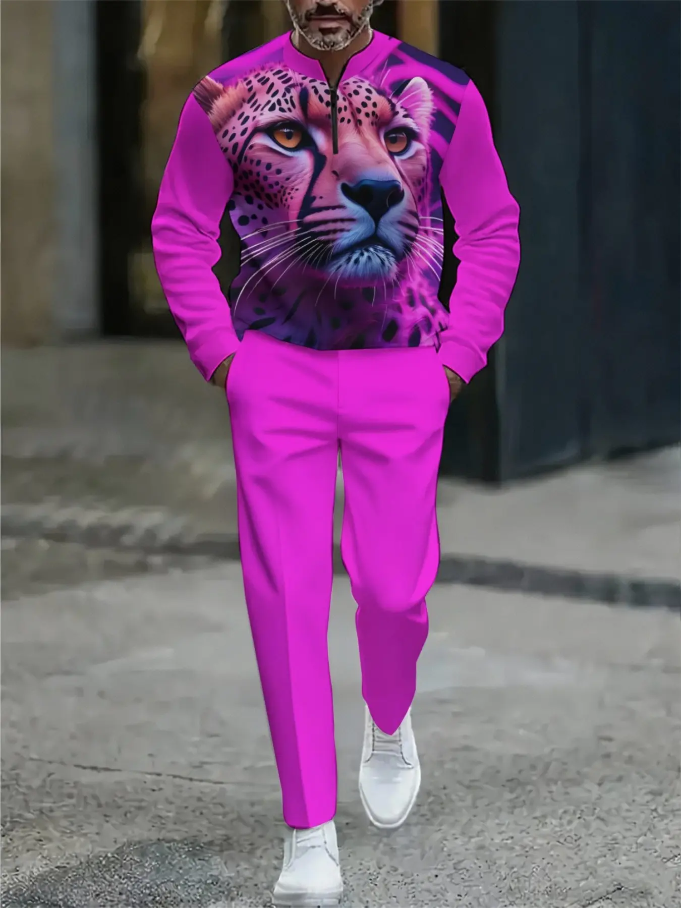 Men's Bright Leopard Print Sportswear Set, Fashion Casual Two-Piece, Long Sleeve Sweatshirt + Slim Fit Pants